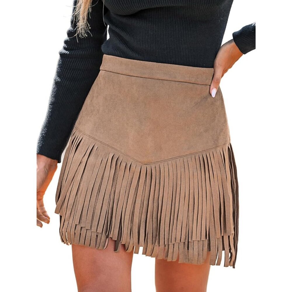 Women Fringe Skirt Western Cowgirl Terra Cotta High Waist Mini Skirt Light Brown